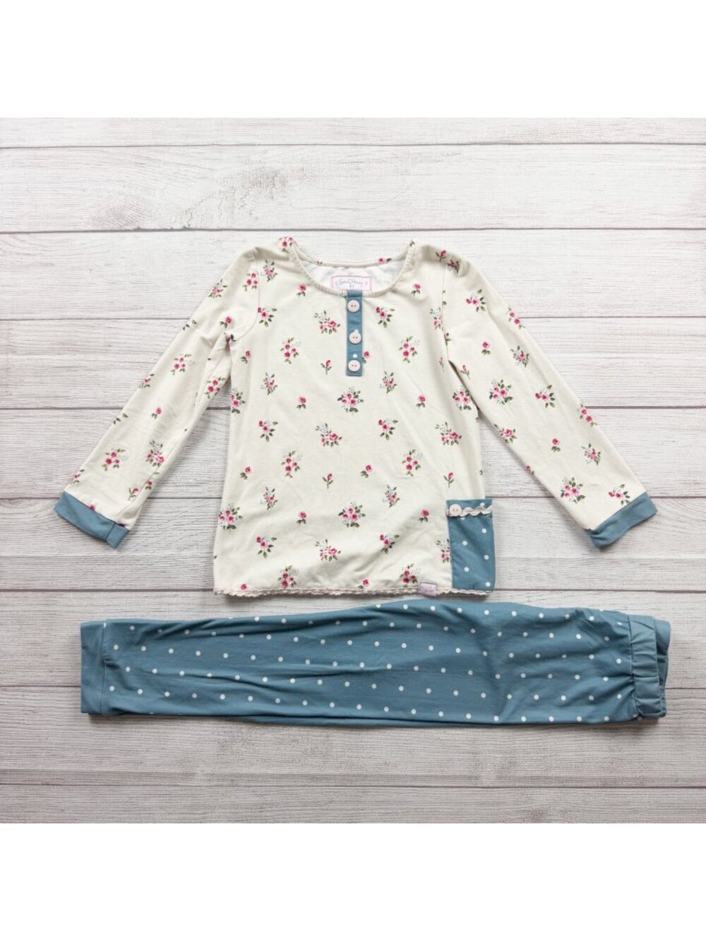 SweetHoney Girls Floral Pajama Set Long Sleeve Polka Dot Pants Cotton Blend 6